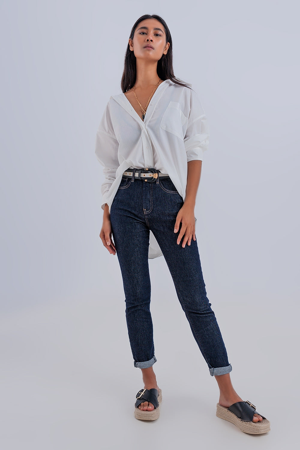 High waisted basic jean in dark blue - Denim
