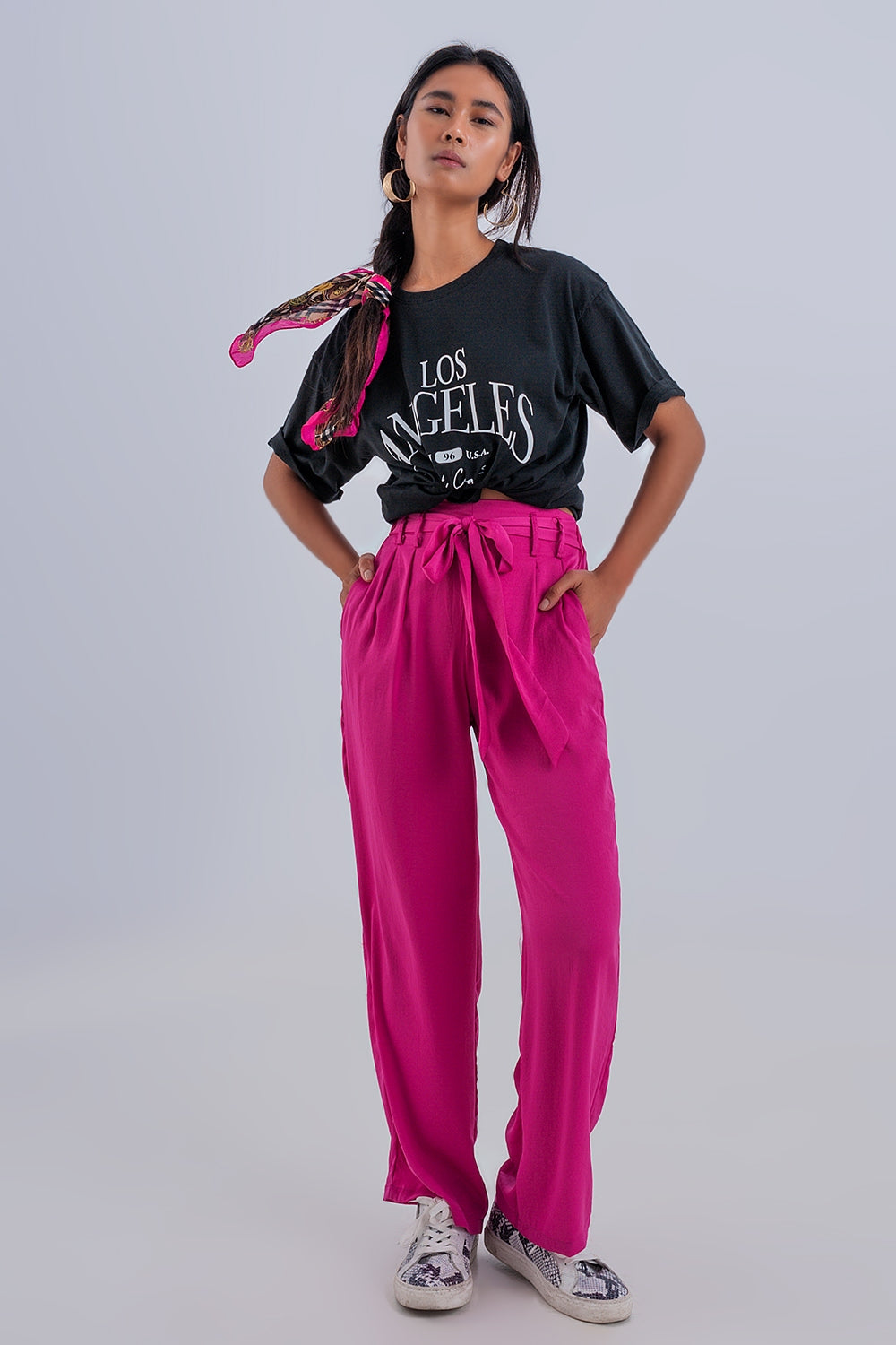 Wide leg belted pants in fuchsia - trousers