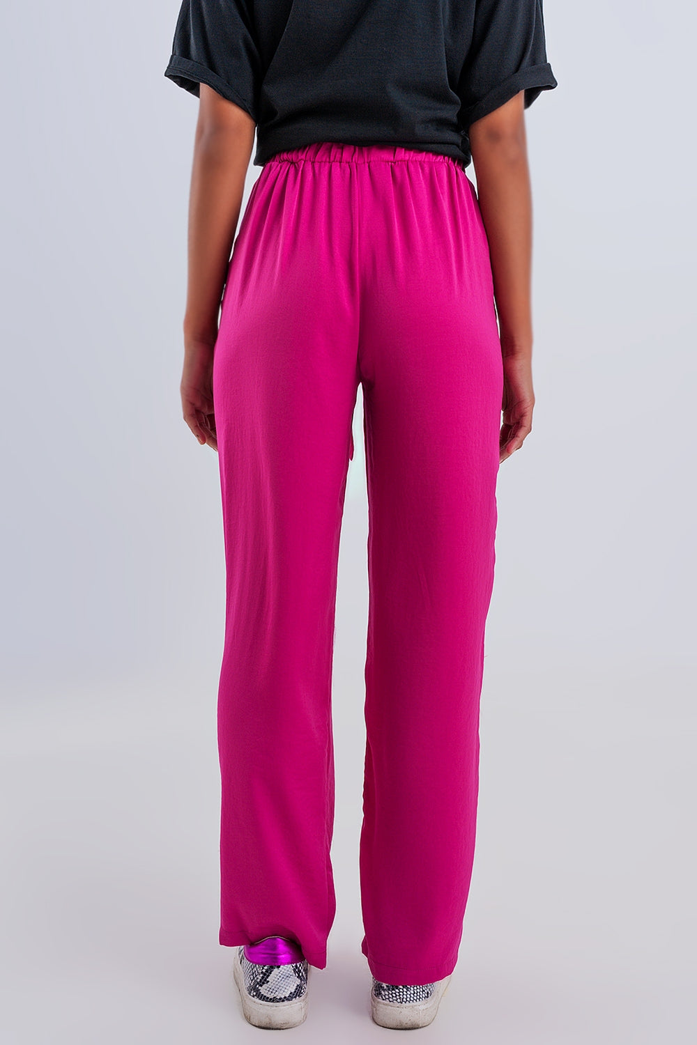 Wide leg belted pants in fuchsia - trousers