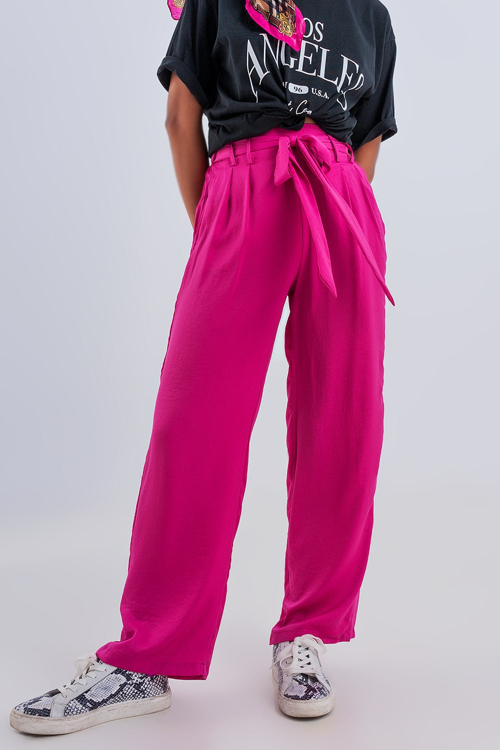 Wide leg belted pants in fuchsia - trousers
