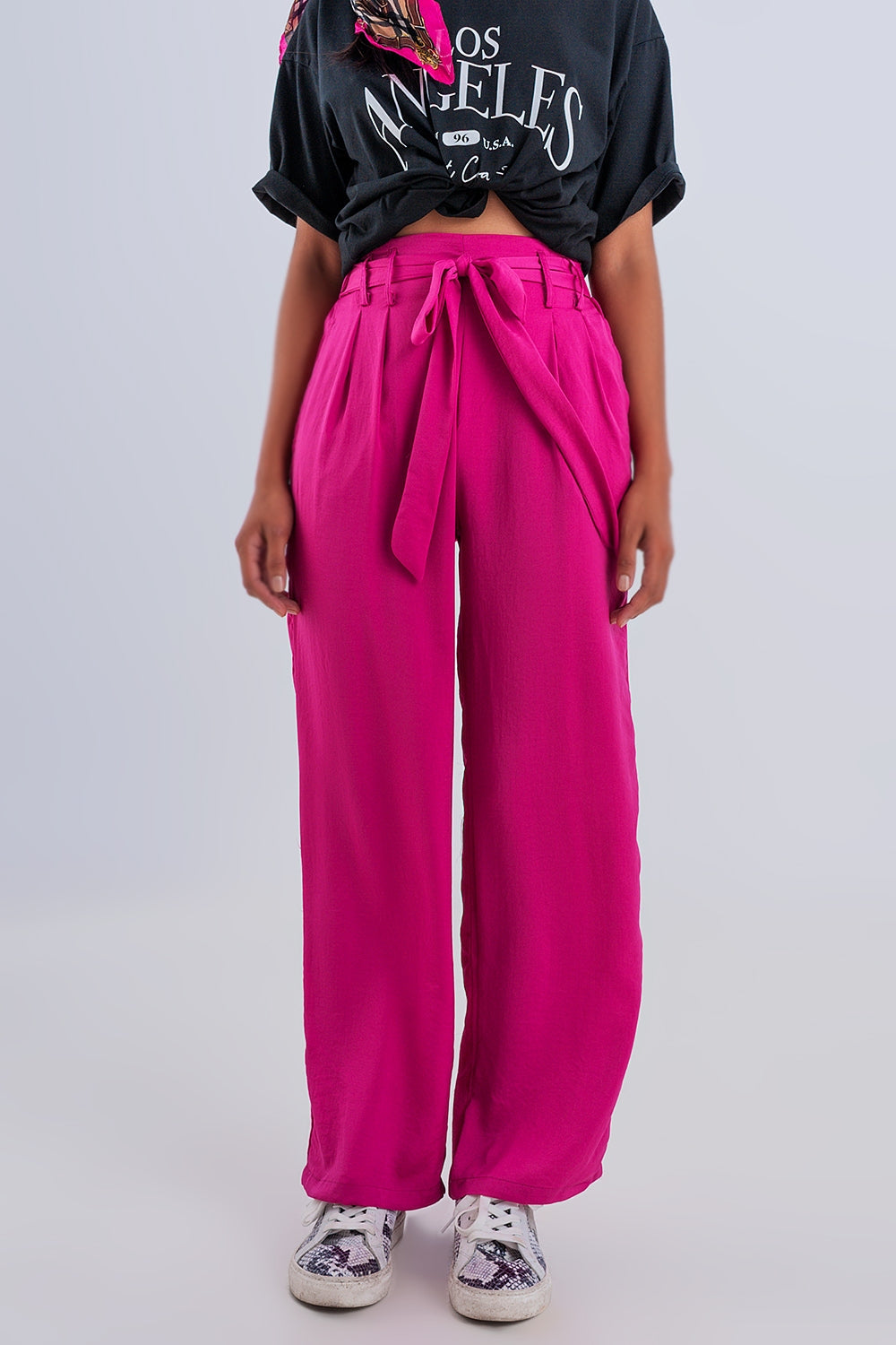 Wide leg belted pants in fuchsia - trousers
