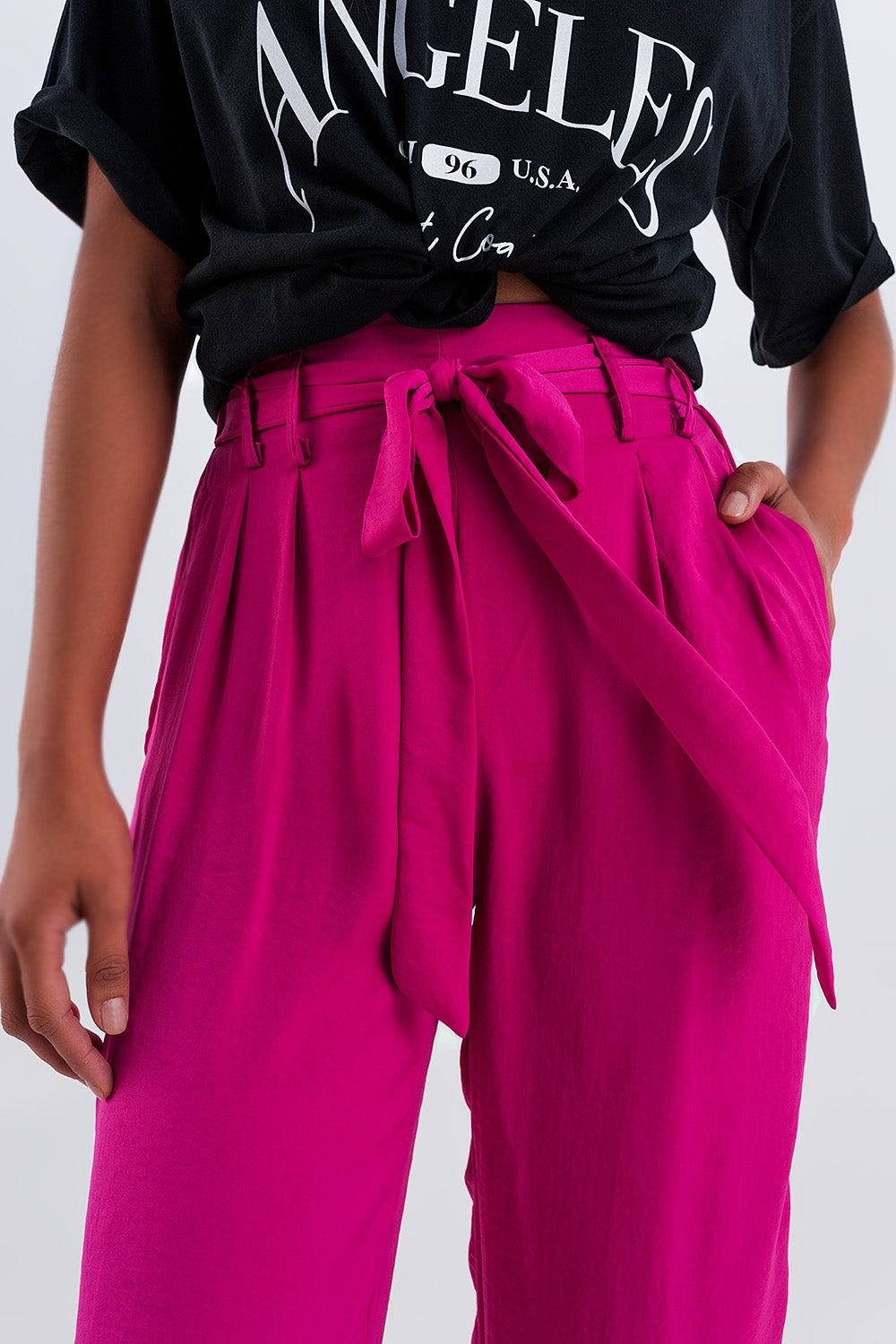 Wide leg belted pants in fuchsia - trousers
