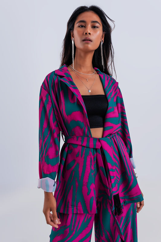 Belted blazer in green animal print - blazer