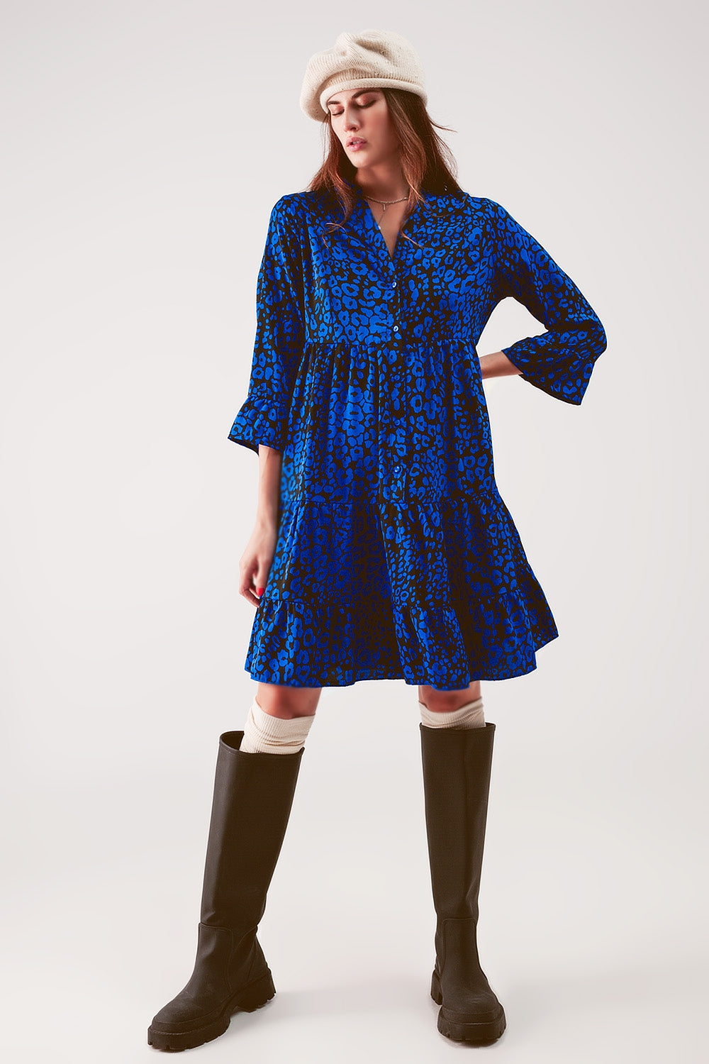 Tiered mini smock dress in blue animal print - dress