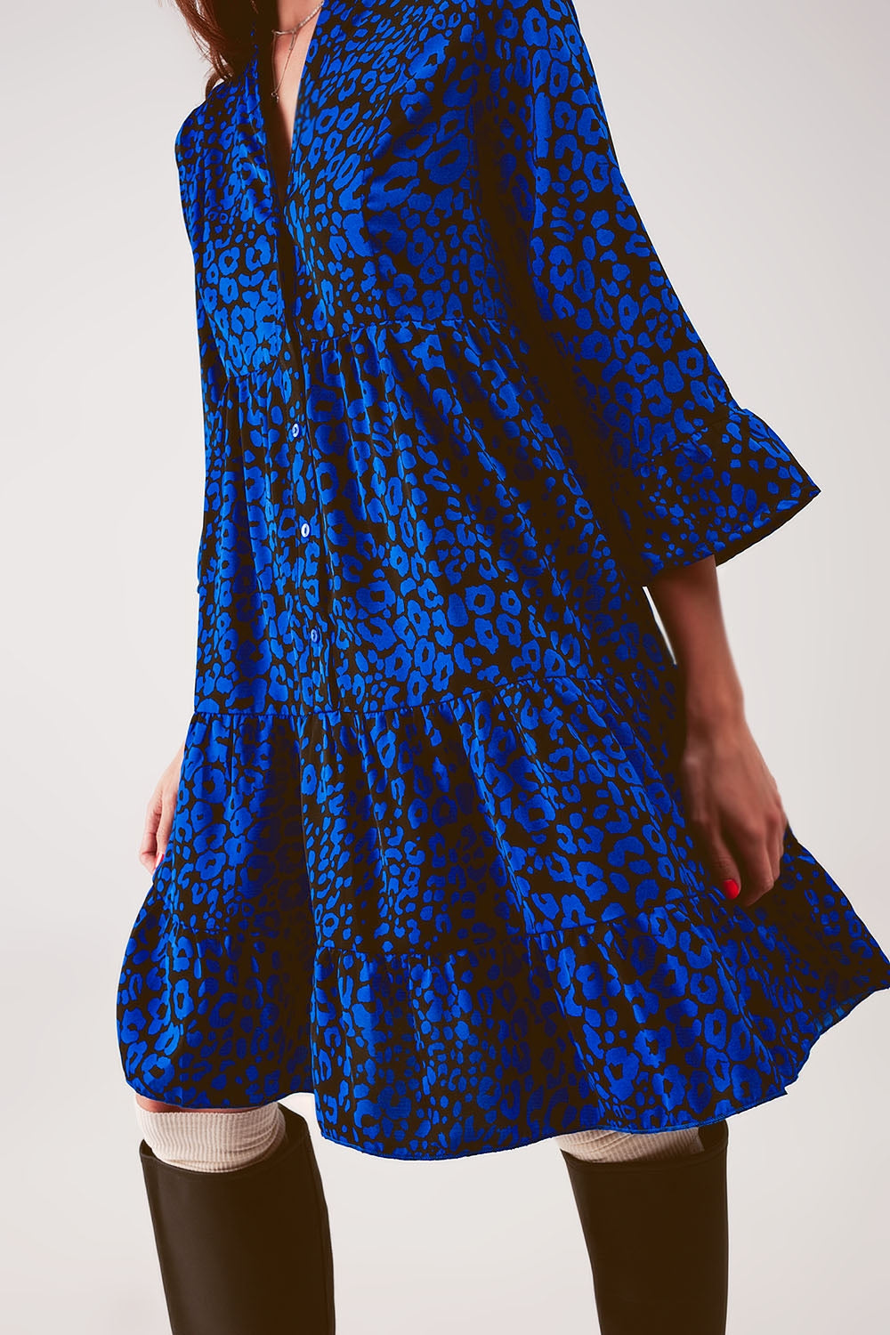 Tiered mini smock dress in blue animal print - dress