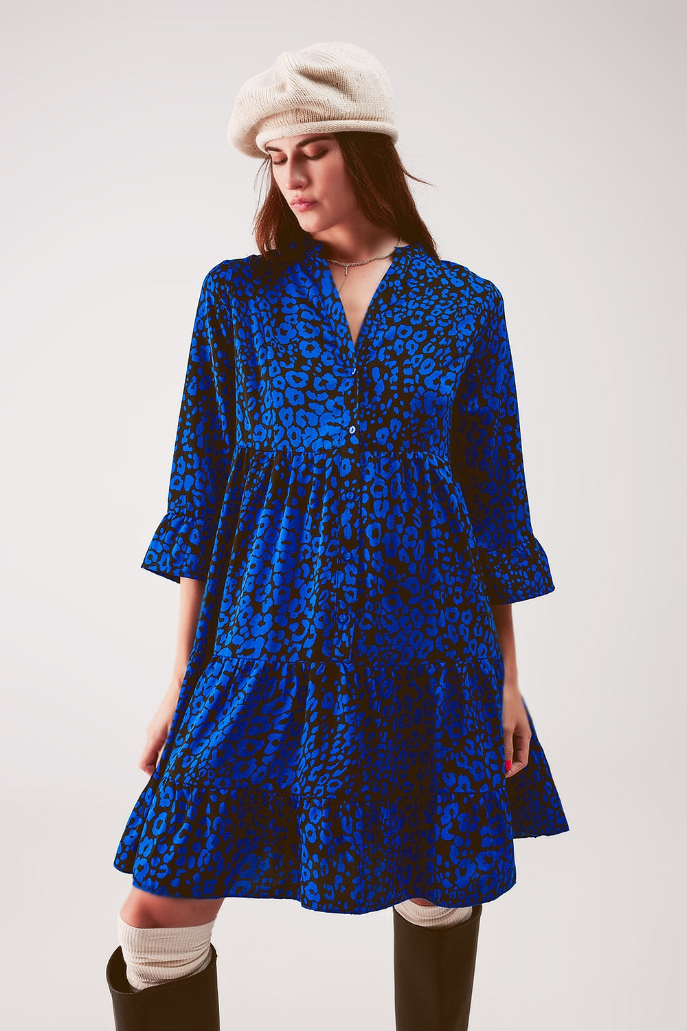 Tiered mini smock dress in blue animal print - dress