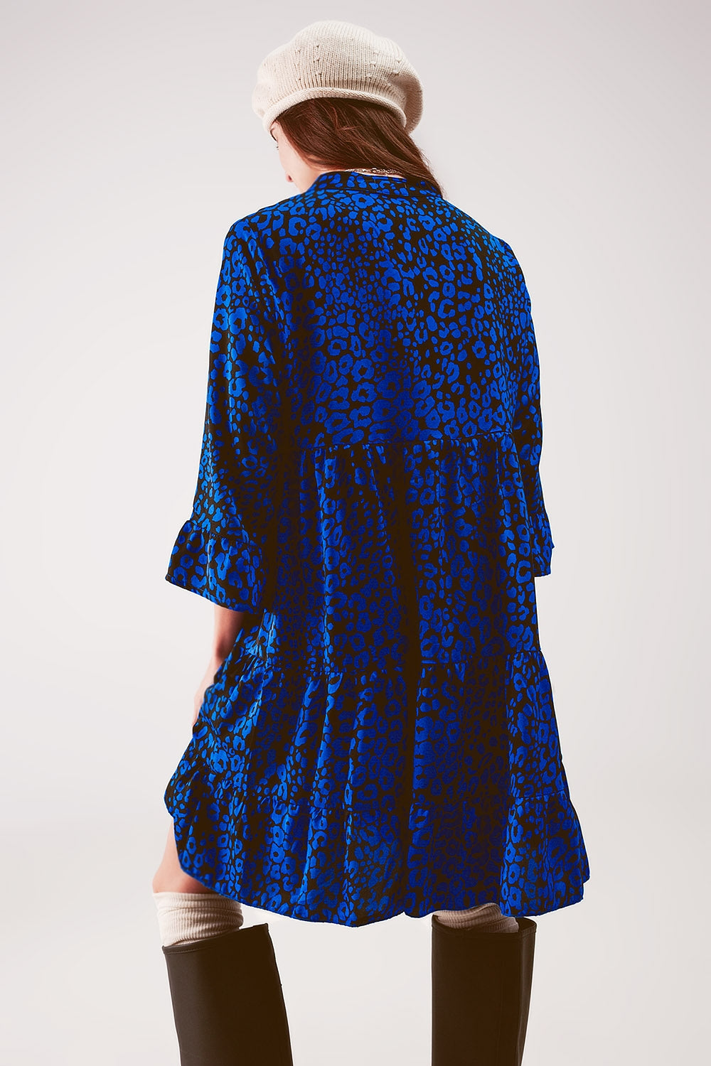 Tiered mini smock dress in blue animal print - dress