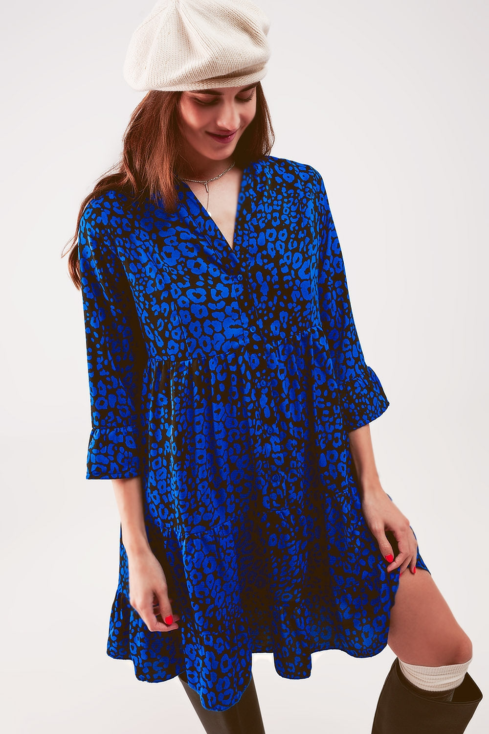 Tiered mini smock dress in blue animal print - dress