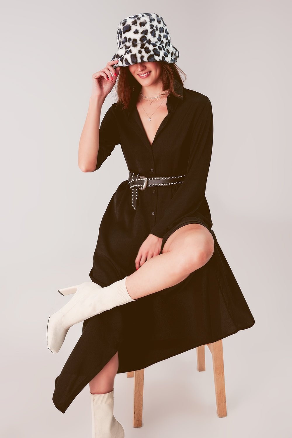 Slouchy plunge shirt maxi dress in black - dress