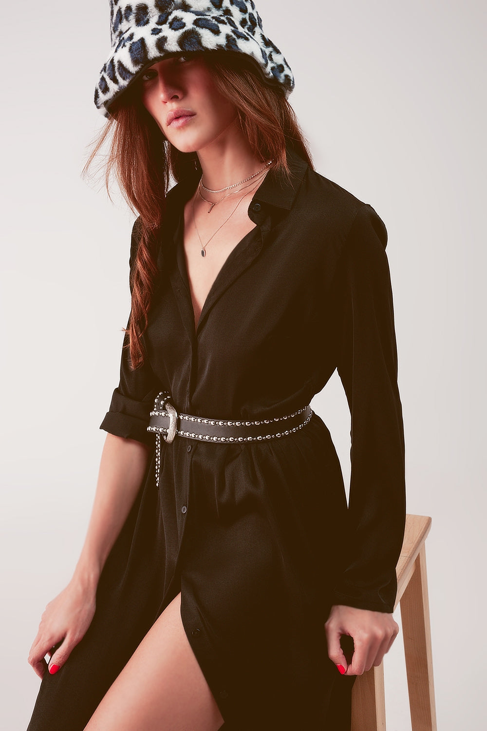Slouchy plunge shirt maxi dress in black - dress