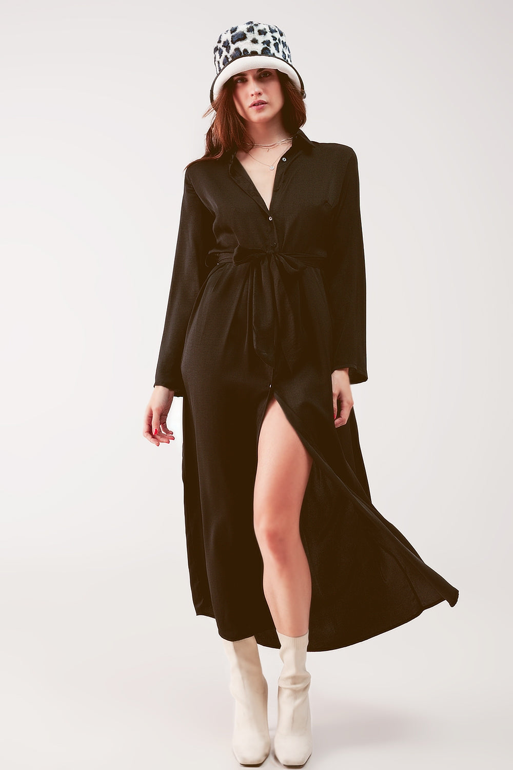 Slouchy plunge shirt maxi dress in black - dress