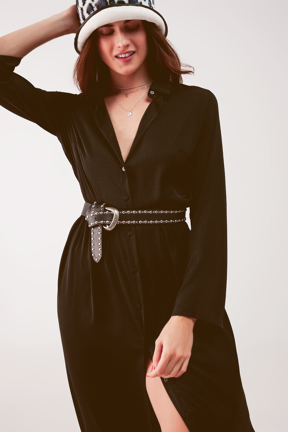 Slouchy plunge shirt maxi dress in black - dress