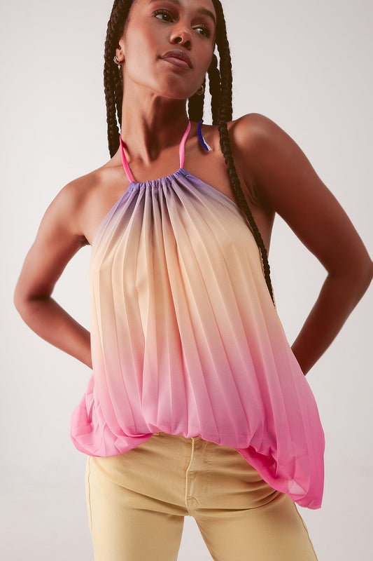 High neck pleat top in pink ombre - top