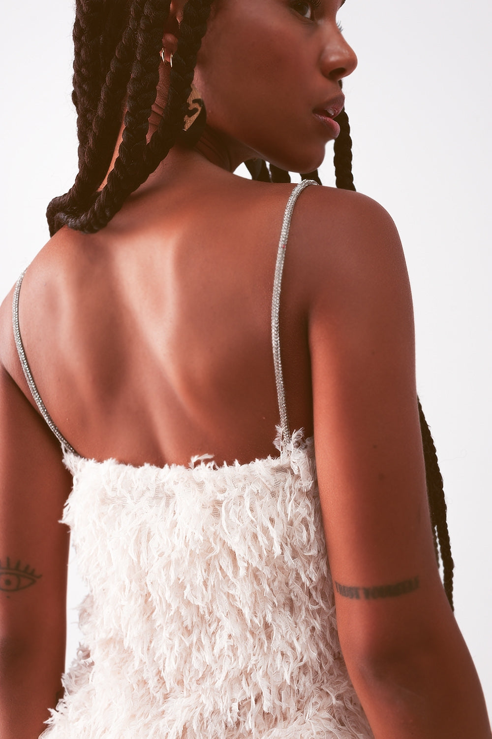 All over faux feather sleeveless mini dress in cream - dress