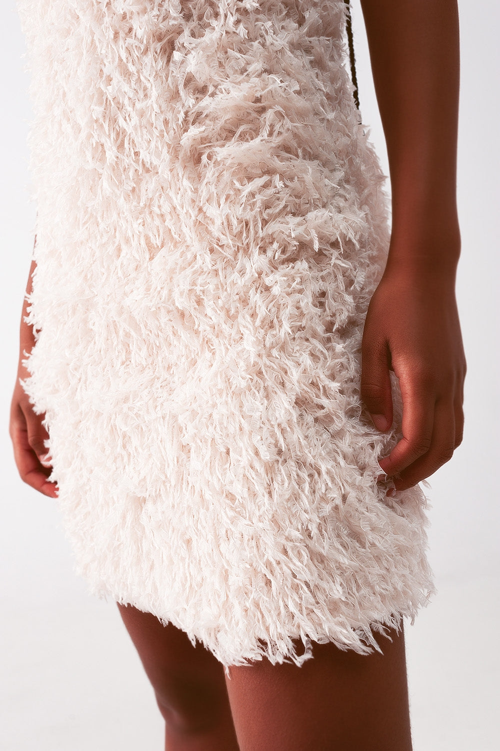 All over faux feather sleeveless mini dress in cream - dress