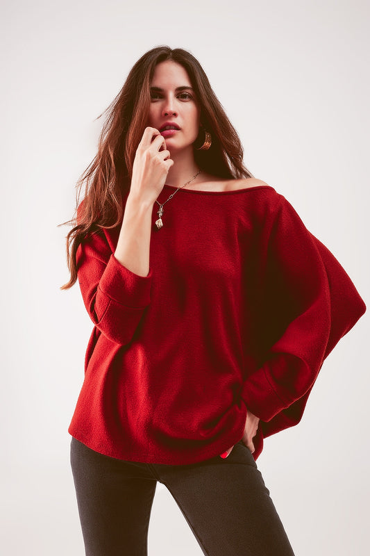 Boat neck batwing sweater in red orange - jumper