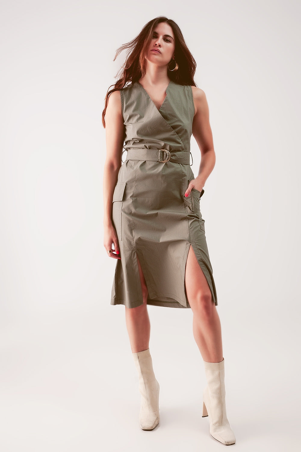 Wrap dress with tie waist detail in khaki - dress
