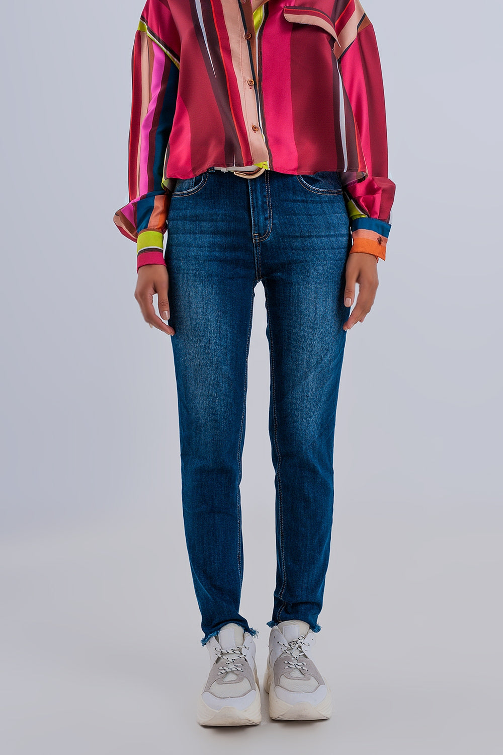 Skinny high waist raw hem jeans in dark blue - Denim