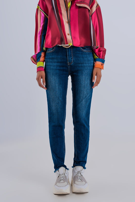 Skinny high waist raw hem jeans in dark blue - Denim