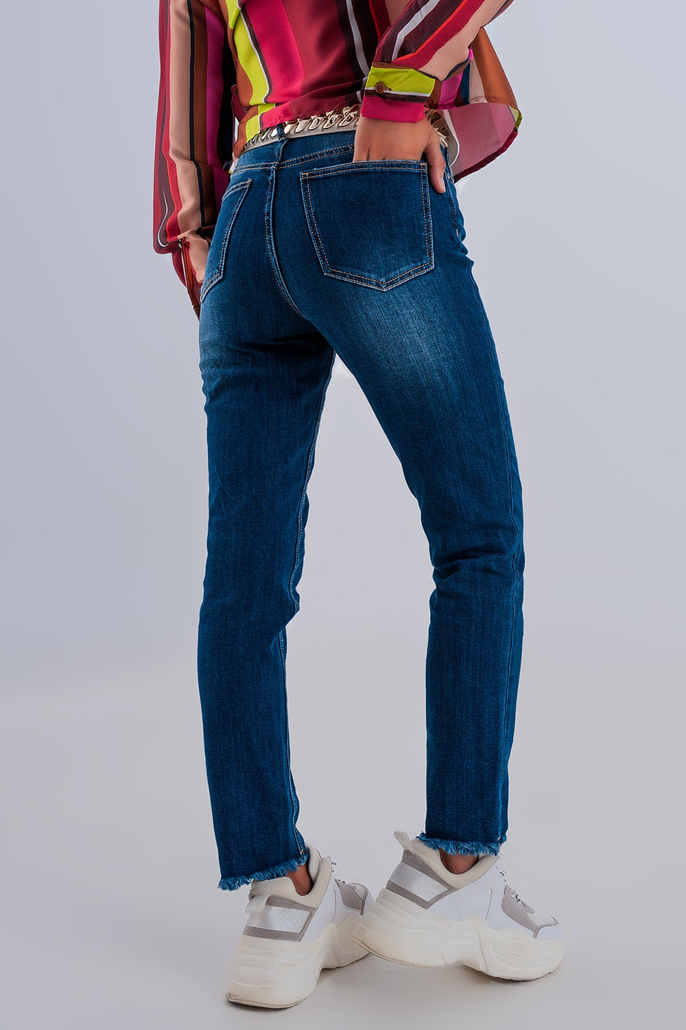 Skinny high waist raw hem jeans in dark blue - Denim