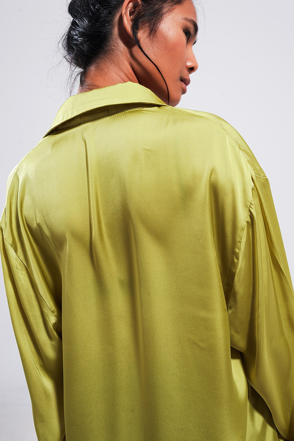 Long sleeve satin button front shirt in green - Shirts