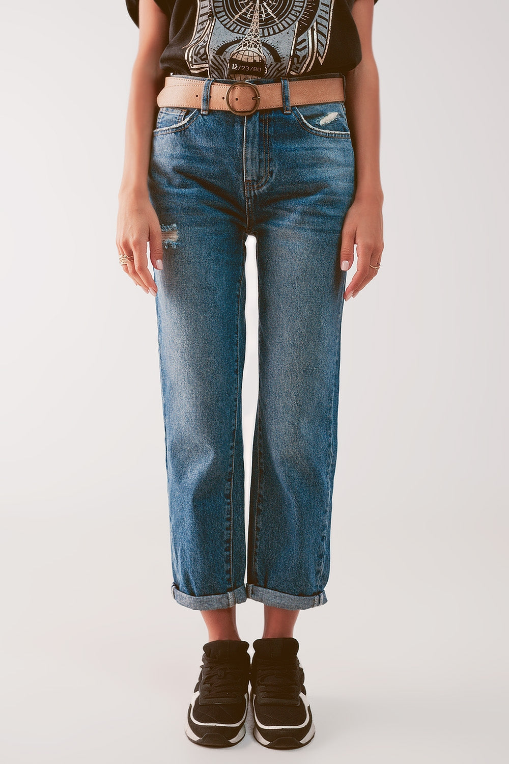 High waist jean with thigh slash in midblue - Denim