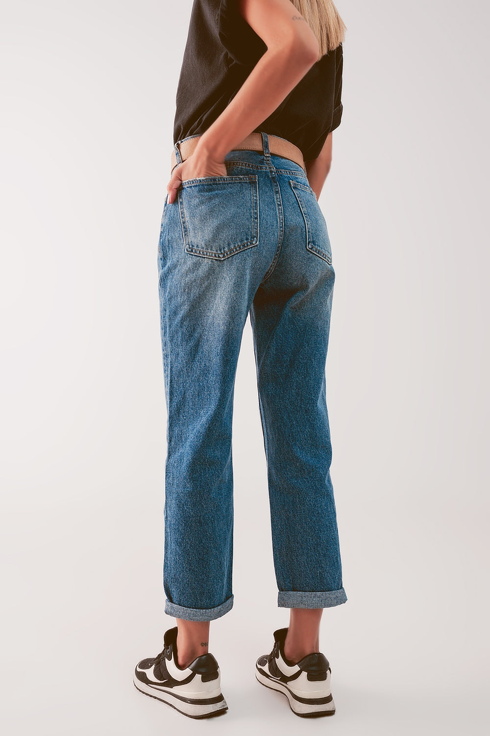 High waist jean with thigh slash in midblue - Denim