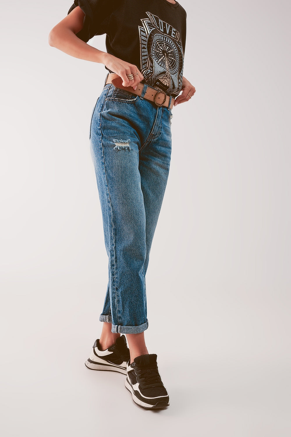 Jean taille haute avec fente à la cuisse denim bleu moyen