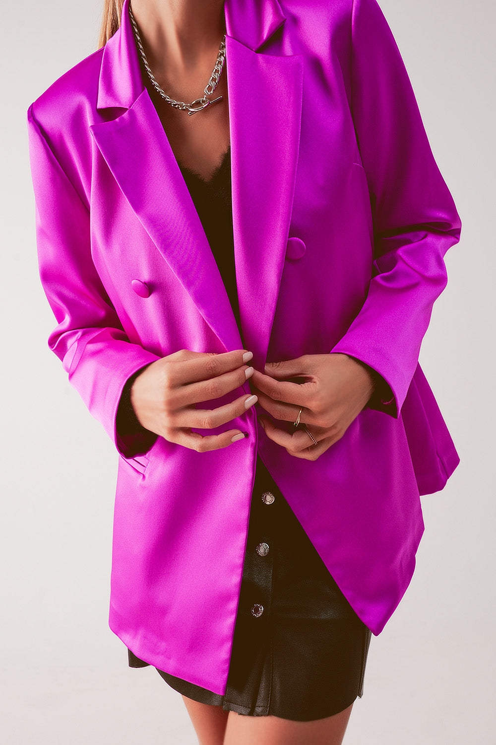 Satin double breasted suit blazer in fuchsia