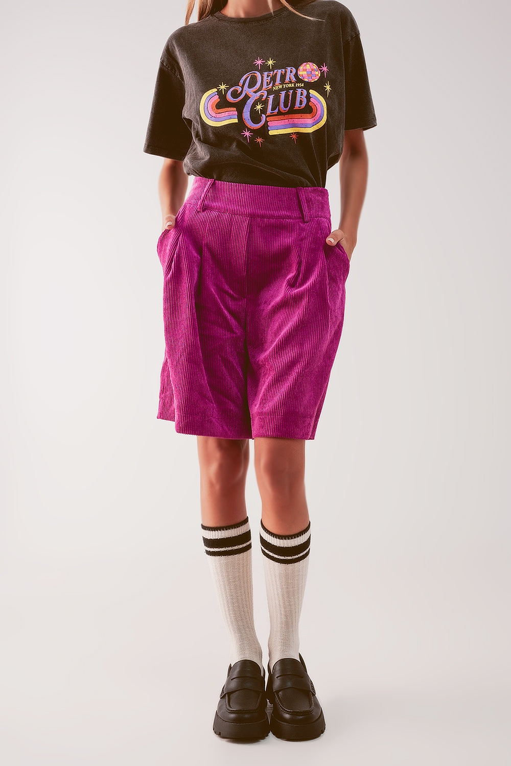 Longline short in fuchsia cord - trousers