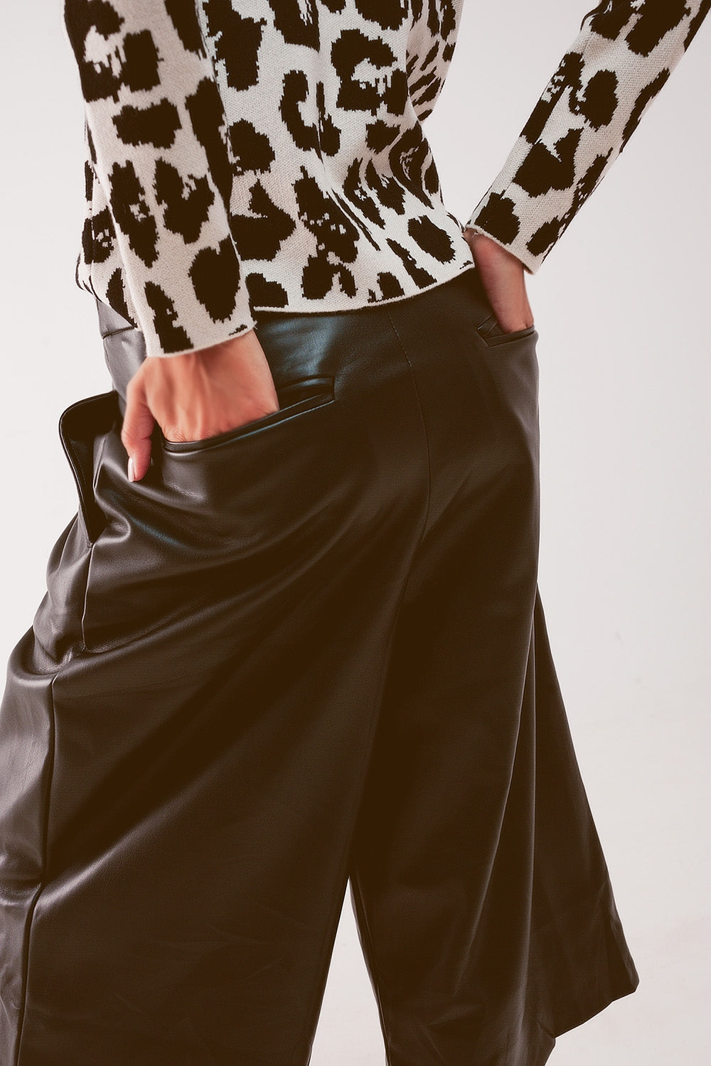 Faux leather wide leg culotte in black - trousers