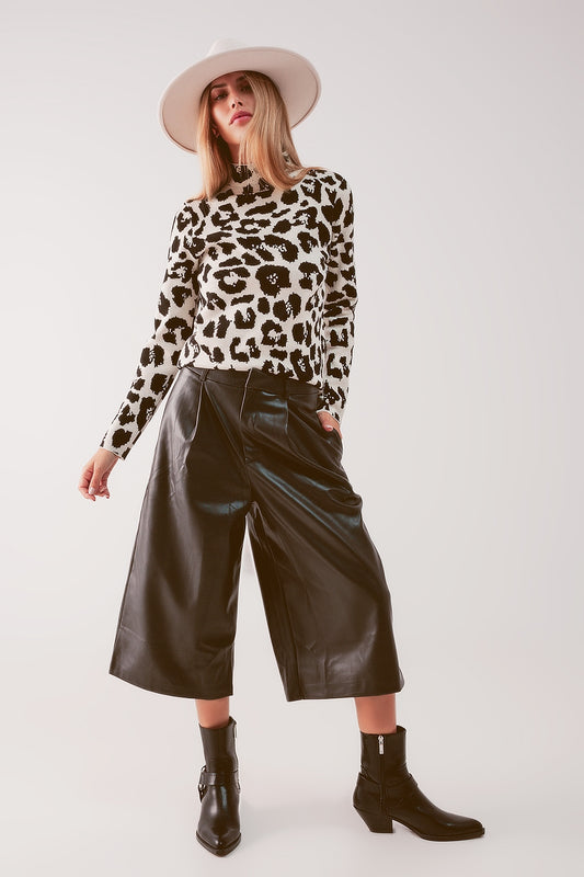 Faux leather wide leg culotte in black - trousers