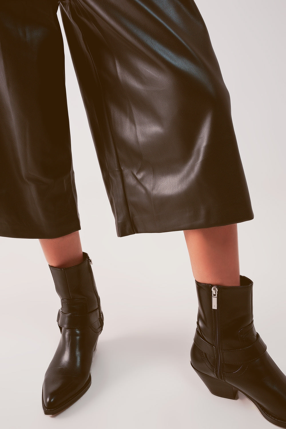 Faux leather wide leg culotte in black - trousers