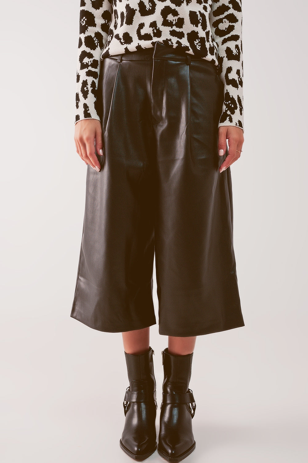 Faux leather wide leg culotte in black - trousers