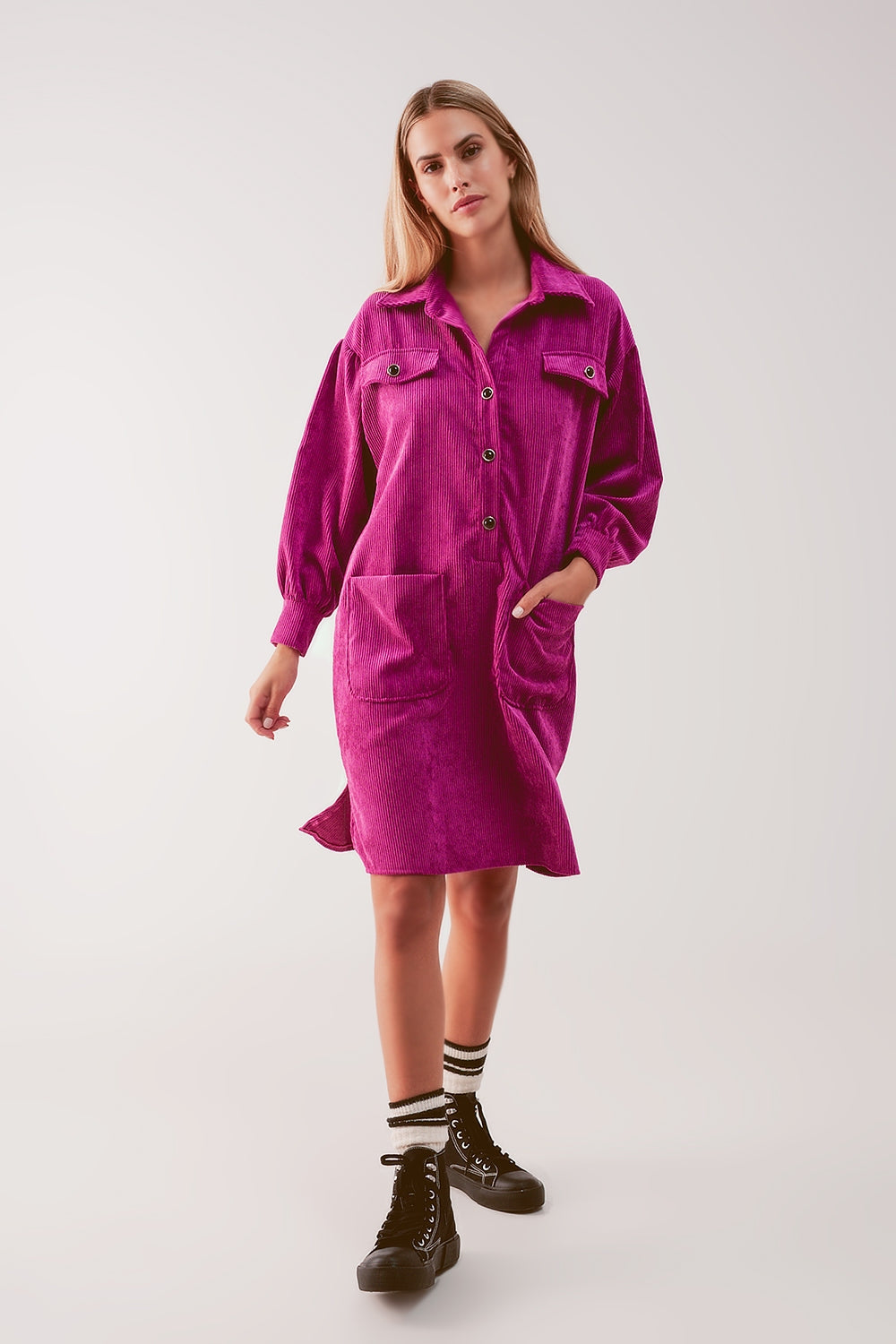 Cord mini shirt dress in fuchsia - dress