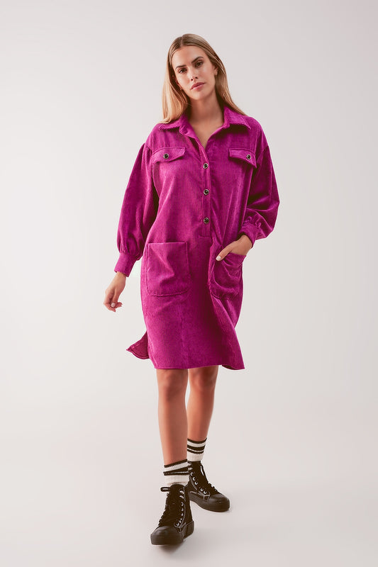 Cord mini shirt dress in fuchsia - dress