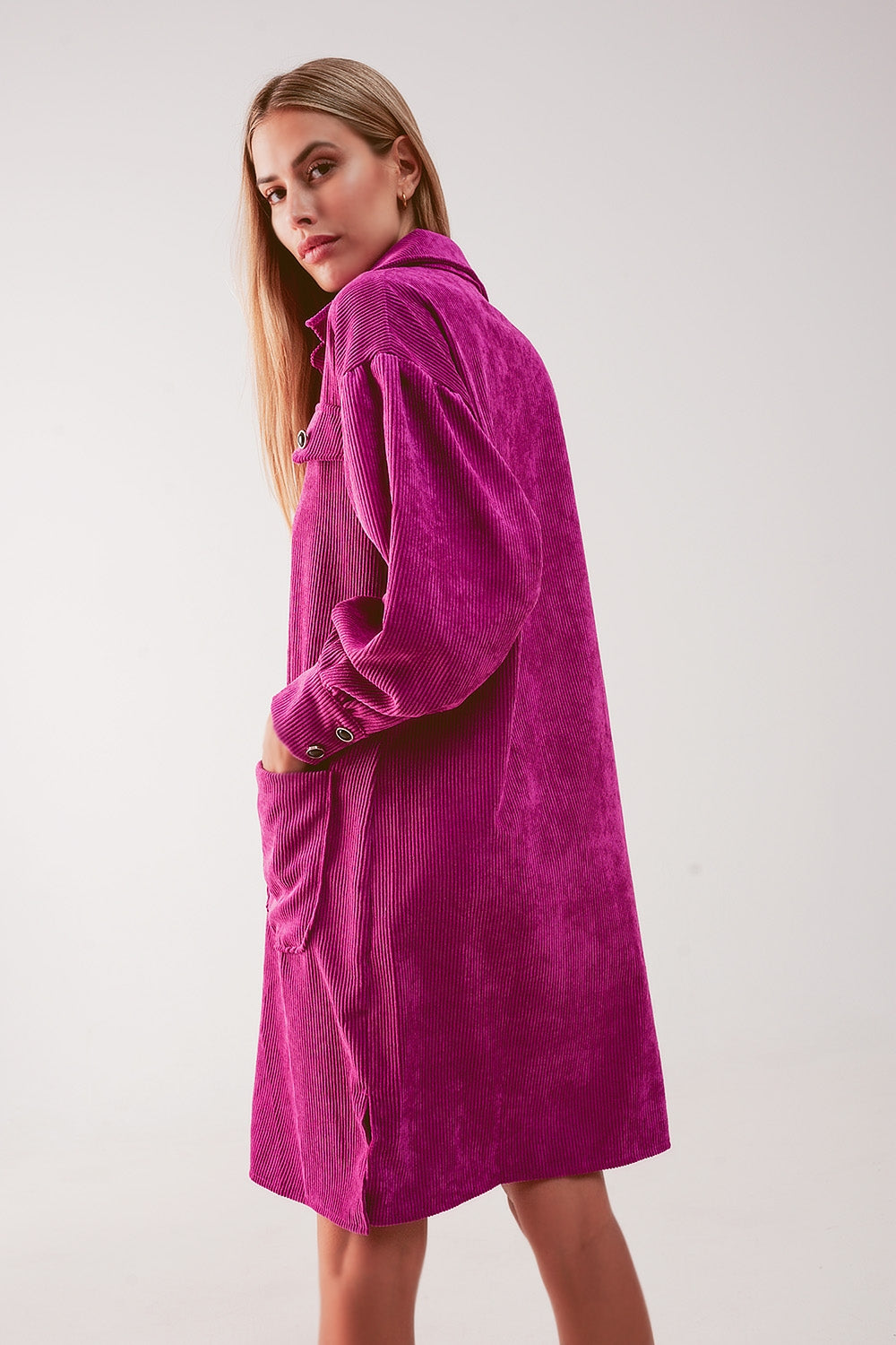 Cord mini shirt dress in fuchsia - dress