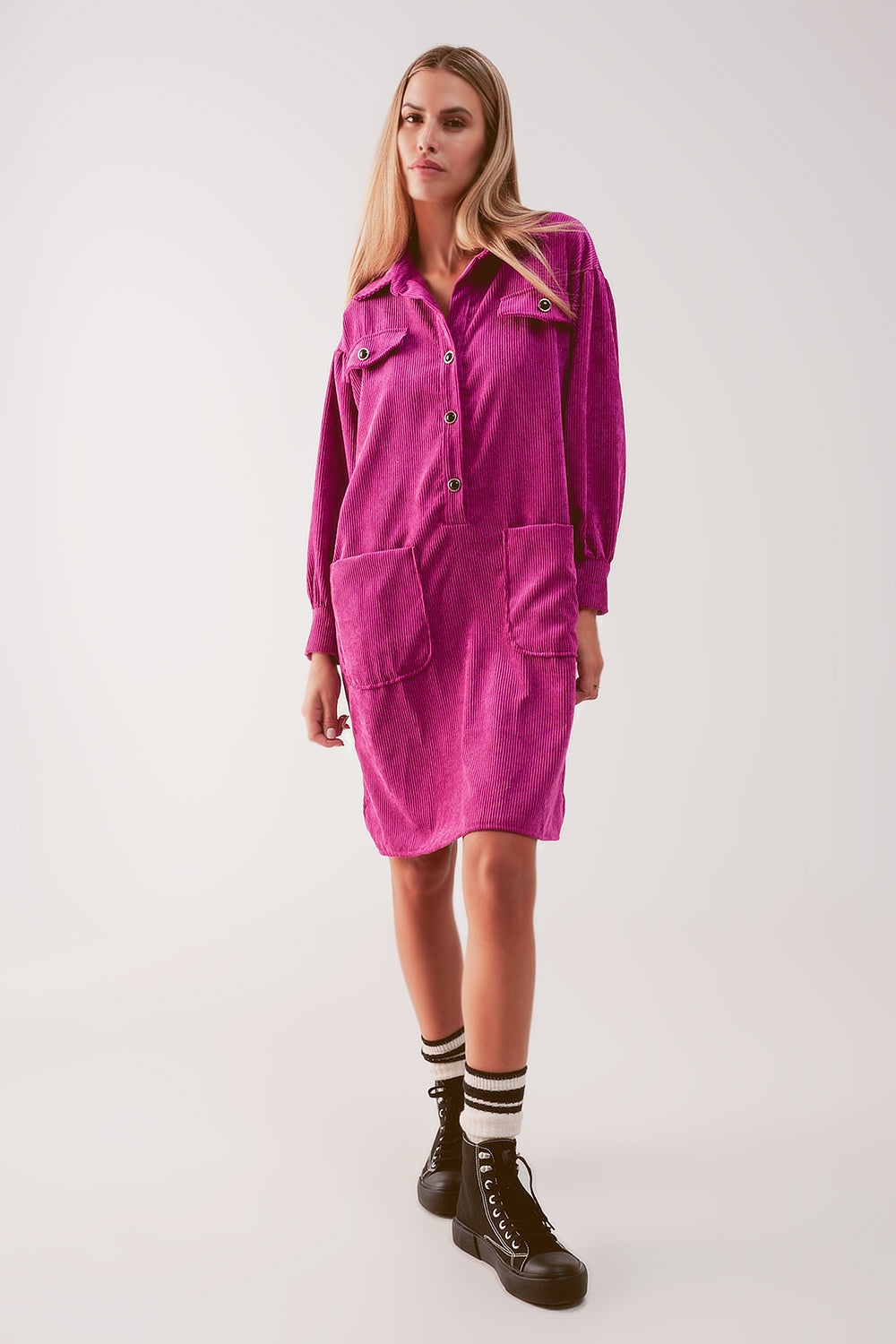 Cord mini shirt dress in fuchsia - dress