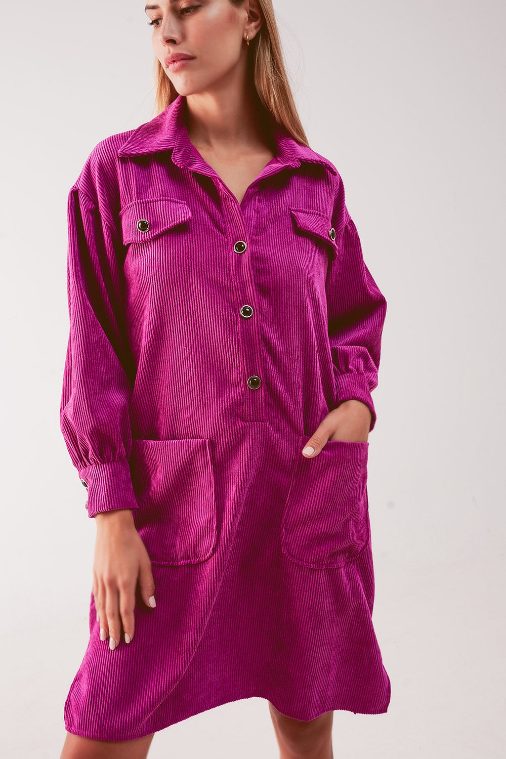 Cord mini shirt dress in fuchsia - dress