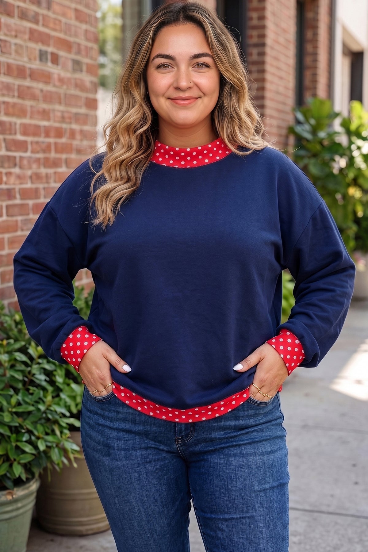 Tillandsia Purple Polka Dot Patchwork Round Neck Plus Size Sweatshirt - Plus Size/Plus Size Sweatshirts & Hoodies