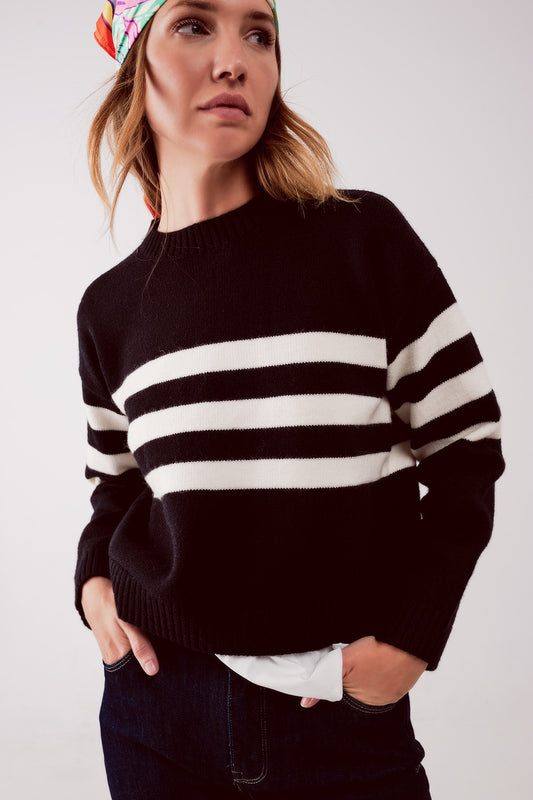 2 in 1 Striped sweater with shirt underlay in black - jumper