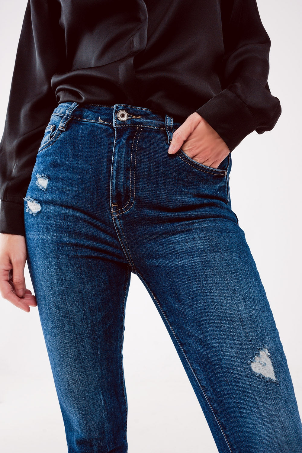 High waist authentic ripped skinny jeans in midwash blue - Denim