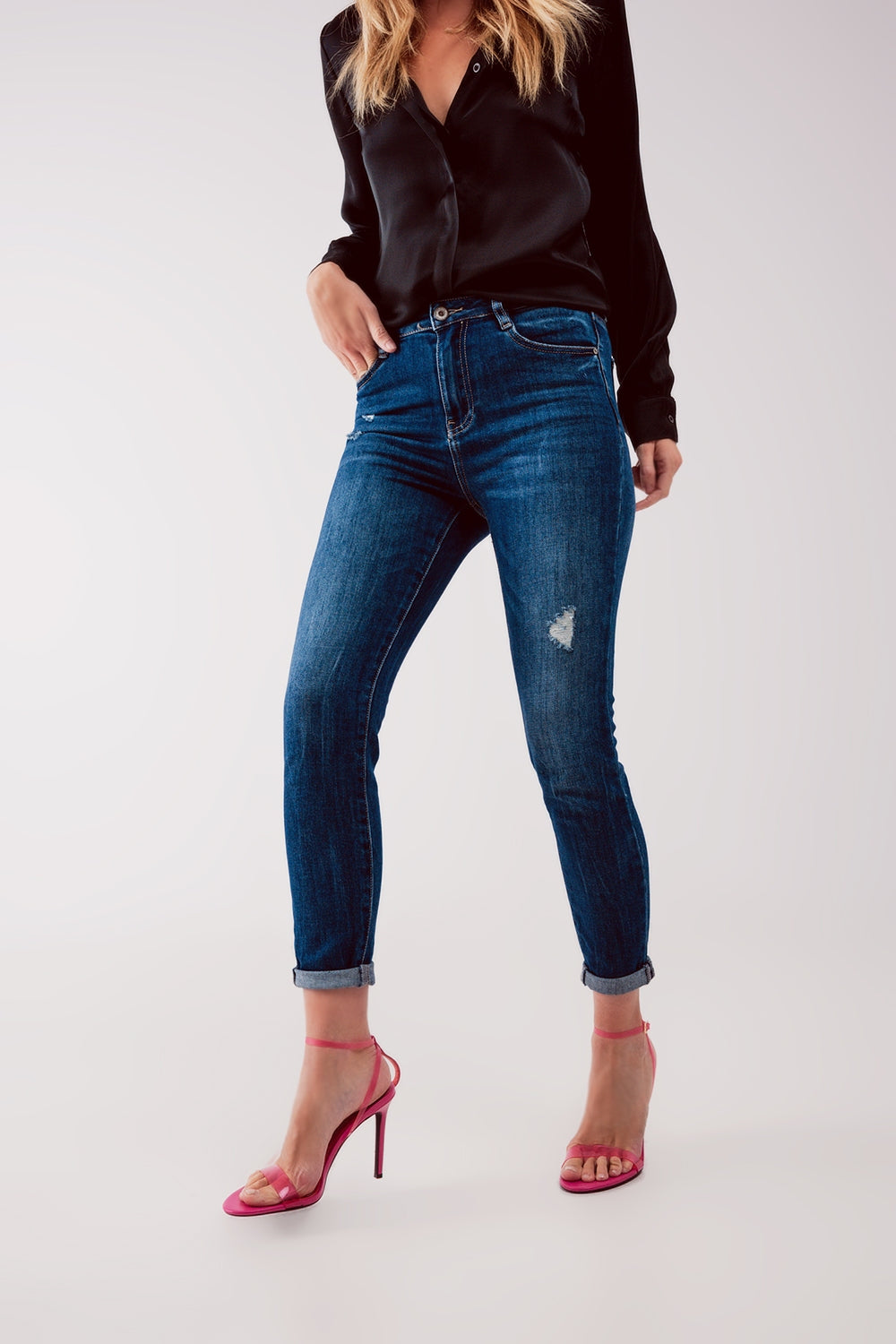 High waist authentic ripped skinny jeans in midwash blue - Denim