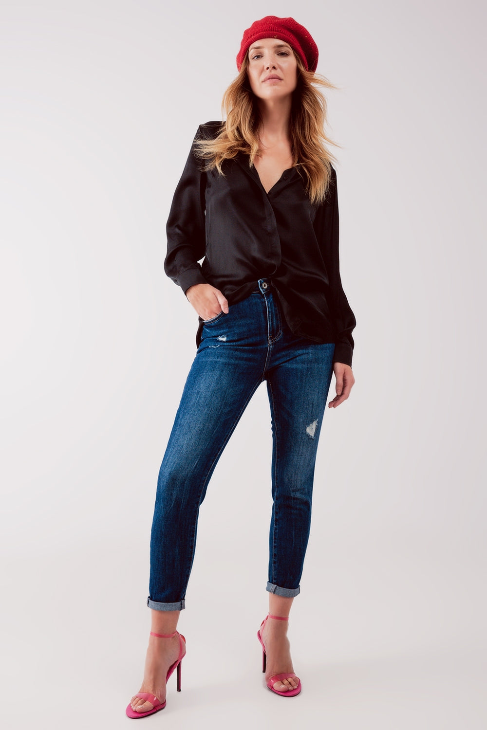 High waist authentic ripped skinny jeans in midwash blue - Denim