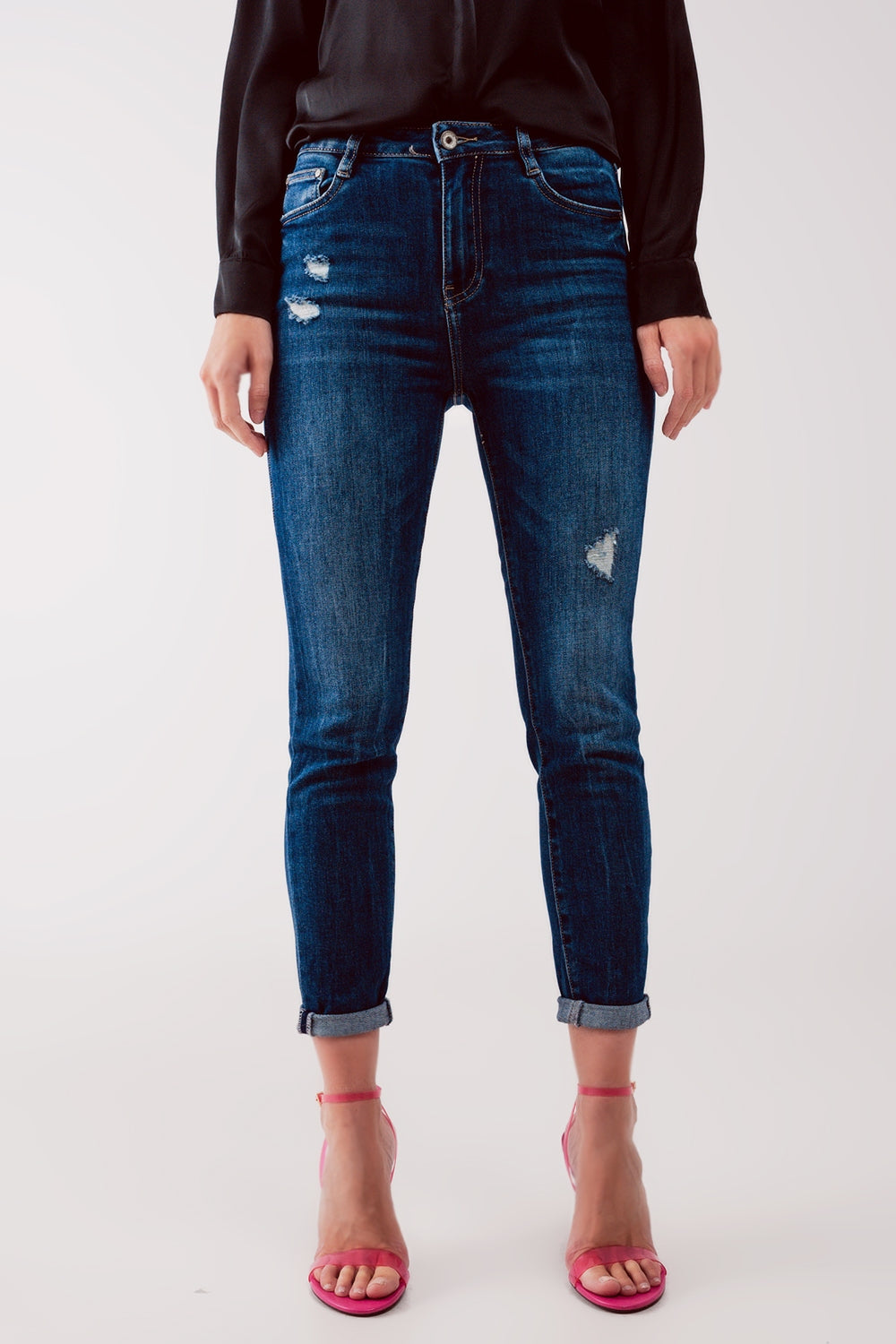 High waist authentic ripped skinny jeans in midwash blue - Denim