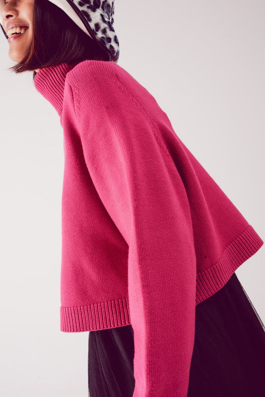 High neck cropped jumper in fuchsia - jumper