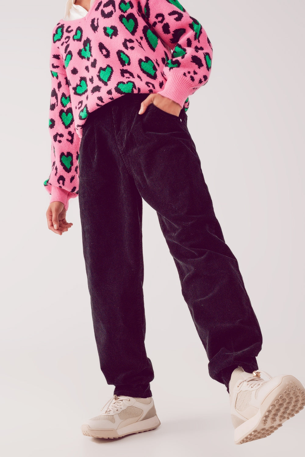High rise slouchy mom pants in black cord - trousers