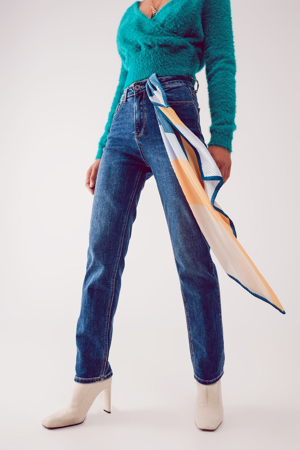 Cotton blend high waist straight leg jeans in deep blue