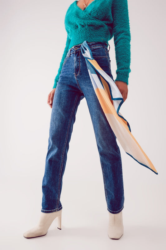 Cotton blend high waist straight leg jeans in deep blue - Denim