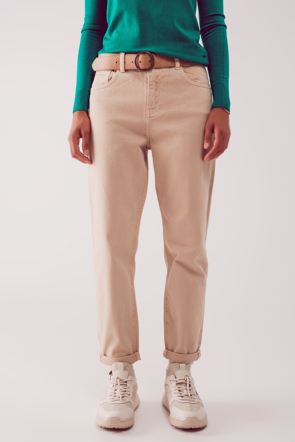 Cotton mid rise slouchy jean in BEIGE - Coloured Jeans